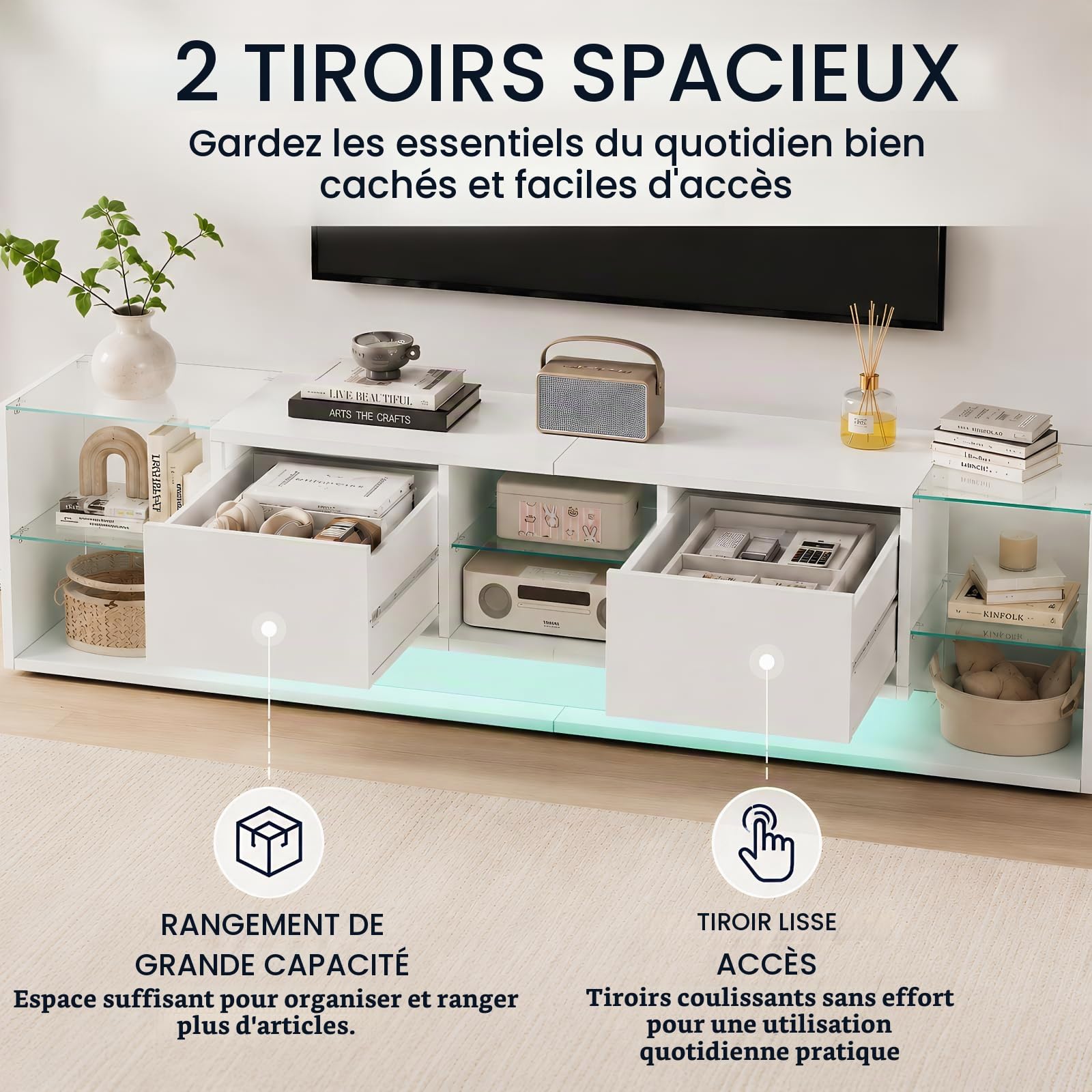 Meuble TV LED 200 cm, Meuble Télé Bas Moderne Brillant avec 2 Compartiments de Rangement et Étagère en Verre, Banc TV avec Rangement pour Salon, Design Contemporain, Blanc