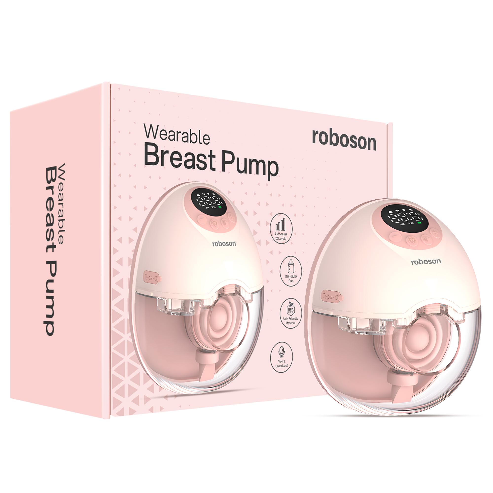 Roboson Wearable Electrical Breast Pump for Feeding Mothers, Portable & Rechargeable Automatic Milk Pump with 4 Modes & 12 Levels, 1200mAh Battery, Portable & Cordless with Type C Charging, FDA Approved, Patented Diaphragm Case Technology, Automatic Milk Level Detection, Voice Broadcast, Smart LED Display, 160ml BPA-Free Milk Cup, Ultra Quiet & Compact (1 Year Warranty) (BP-222)