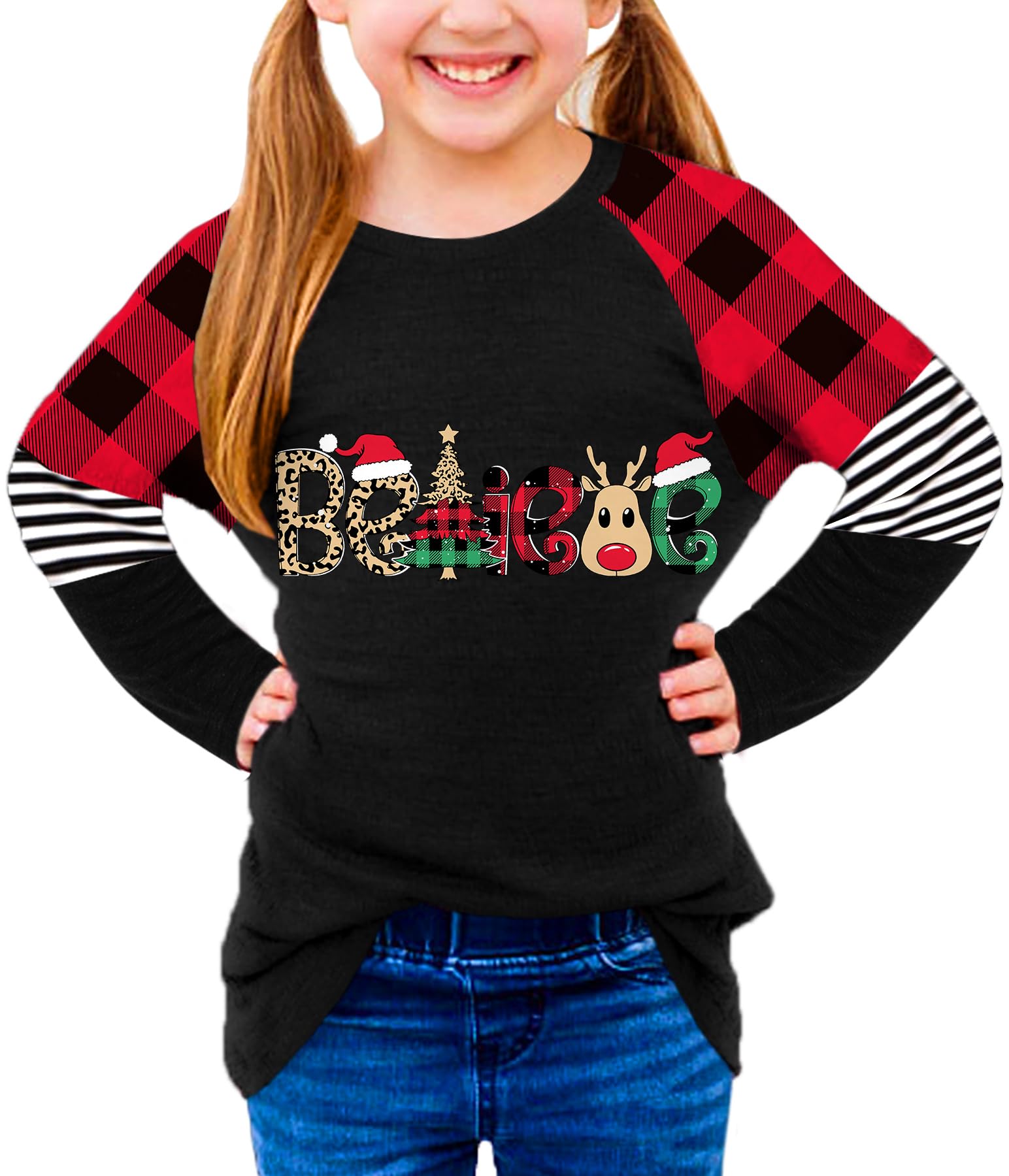 BesserBay Girls Christmas Raglan Shirt Casual Leopard Stripe Patchwork Tunic Top 4-14 Years