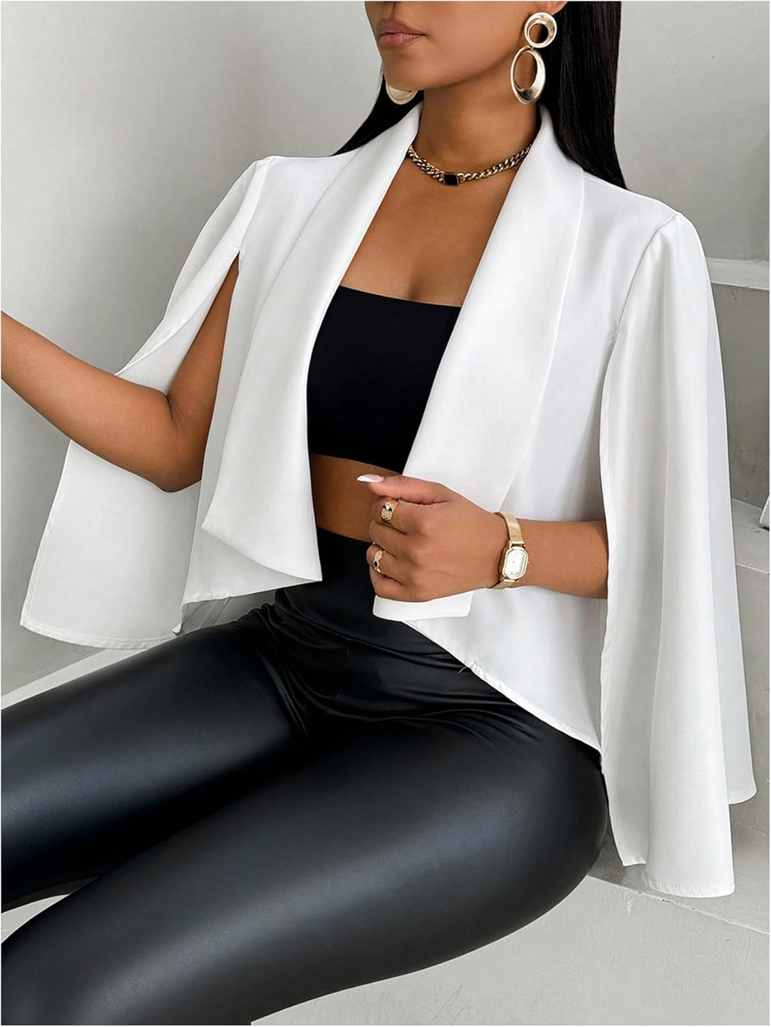 OYOANGLE Women's Cape Long Sleeve Cropped Blazer Jacket Open Front Solid Elegant Trendy Cardigan Coats - Image 2