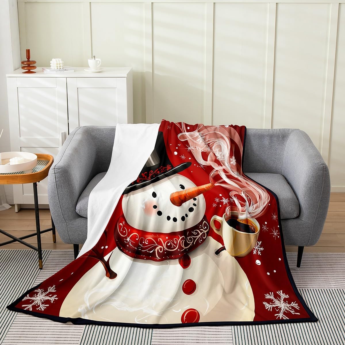 Cute Snowman Fleece Throw Blanket Soft Cozy Christmas Eve Flannel Blanket for Kids Women Adults Snowhouse Plush Blanket Snow Scene Fuzzy Blanket for Sofa Bed Couch(60x80 Inches)
