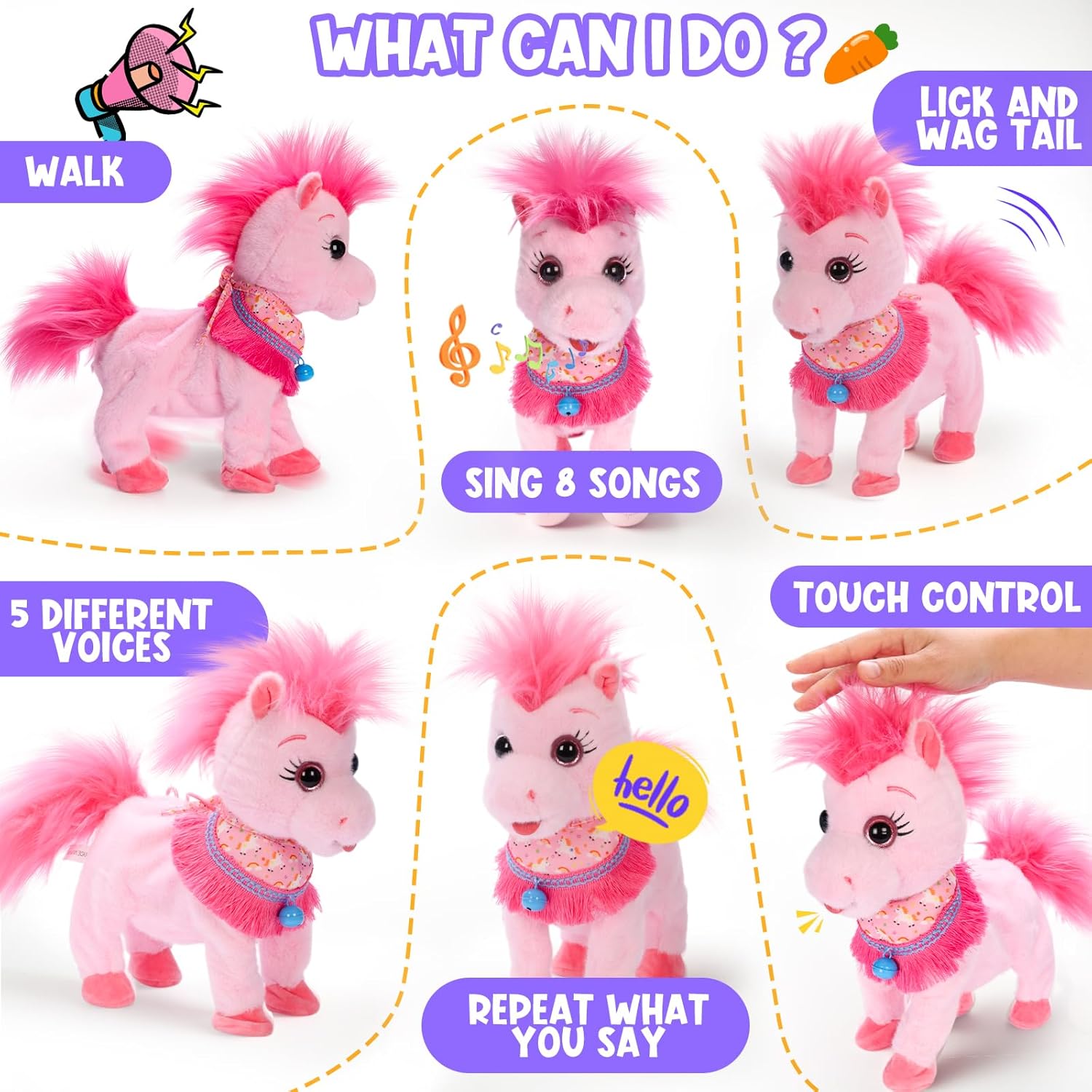 Pink Walking Pony Set Interactive Talking Singing Dancing Horse Walk Along with Remote Control Leash Plush Pony Pet Toy for Kid, Nod Lick Wag Repeat What You Say, 3+ Girl Boy