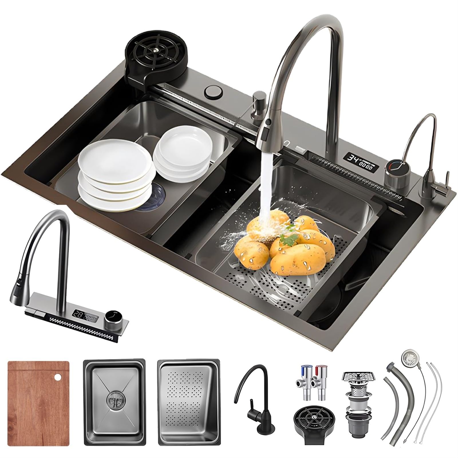 ZQFHSX 85 x 46 cm Kitchen Sink for the Workplace with Waterfall, Stainless Steel 1 Basin, Extendable 3-in-1 Tap, Countertop Home Use, Glass Washer and Drain Baskets