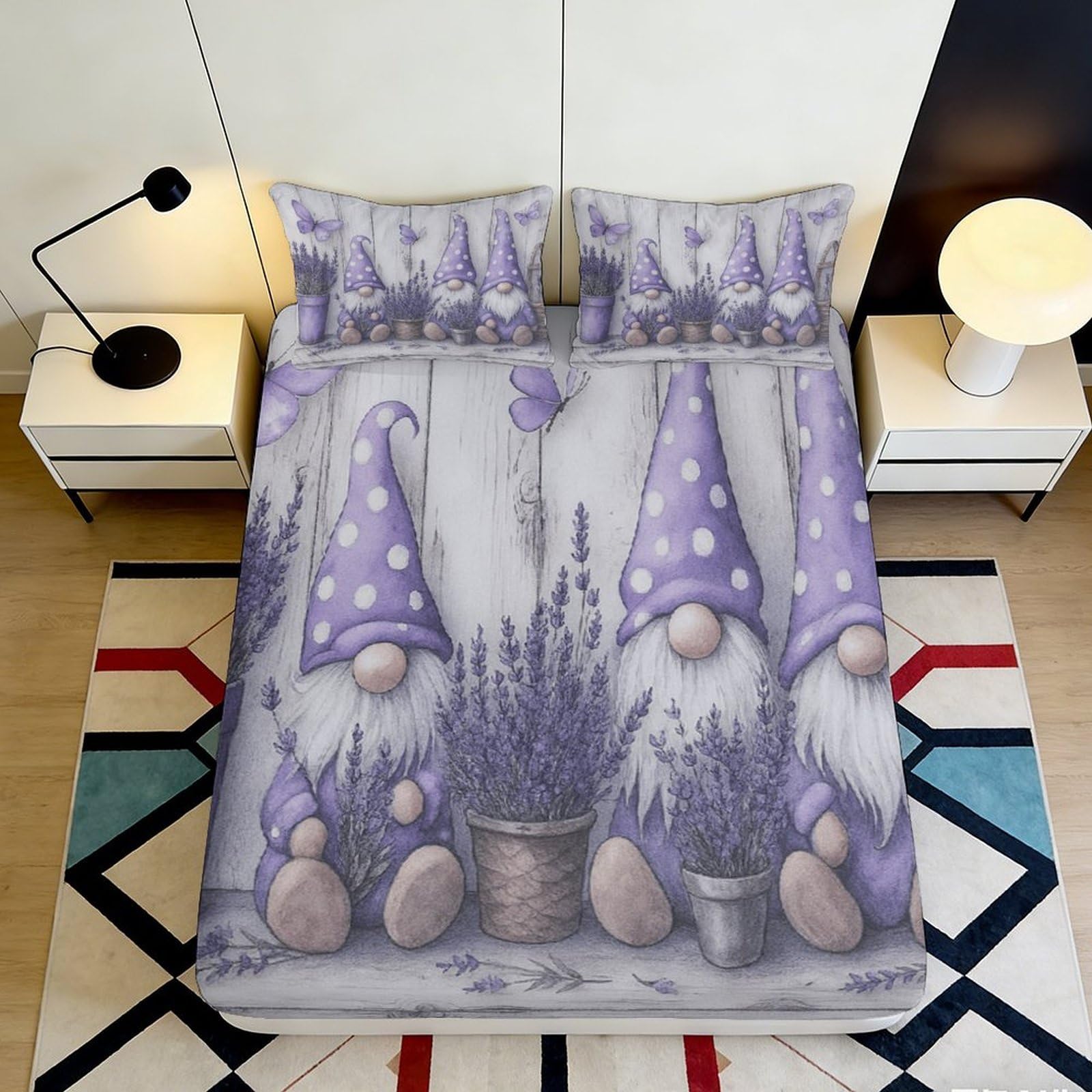 3D Printed Lavender Gnome Fitted Sheet Microfiber Soft Bedroom Decor Purple Bed Cover for Mattress Protection 90x200x25cm