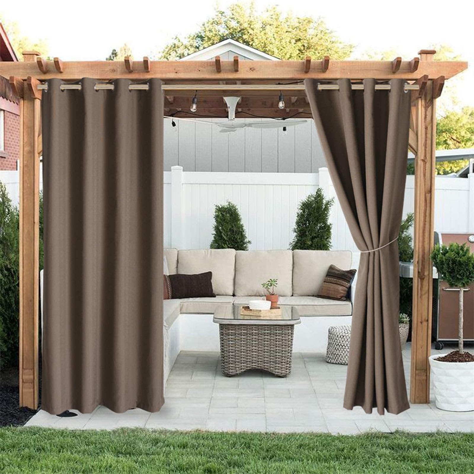 Hiseng Rideaux Extérieur Imperméable, Rideau Occultant Isolant Thermique Rideau d'Extérieur avec Oeillet 1 Pièce Rideau pour Pergola Rideau Terrasse Rideau Pare Soleil (381x241cm,Couleur Café)