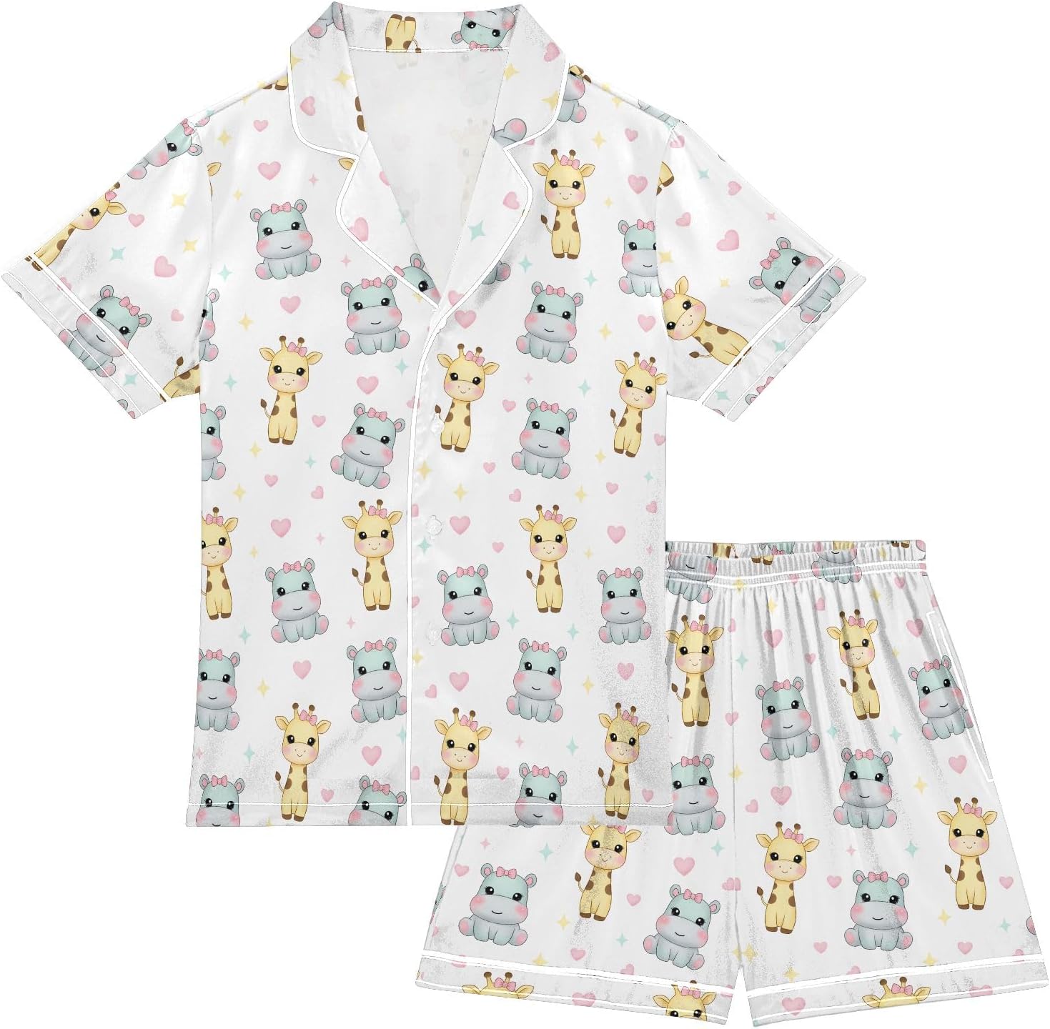 Kids Satin Wear Set Hippo Giraffe Heart Relaxing Clothing Short Sleeve and Shorts