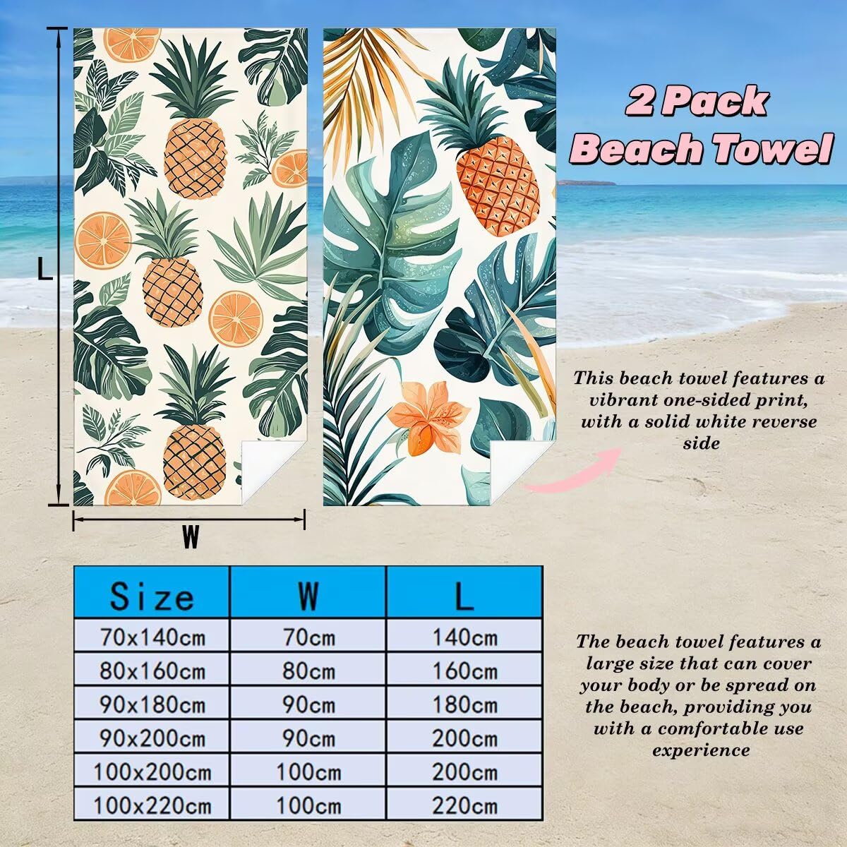 Ręcznik plażowy XXL, 90 x 180 cm, zestaw 2 szt., ręcznik plażowy z mikrofibry, szybkoschnący, do sauny, fitness, bez piasku, ręcznik plażowy, do sauny, duży ręcznik kąpielowy, prezent dla kobiet -4683