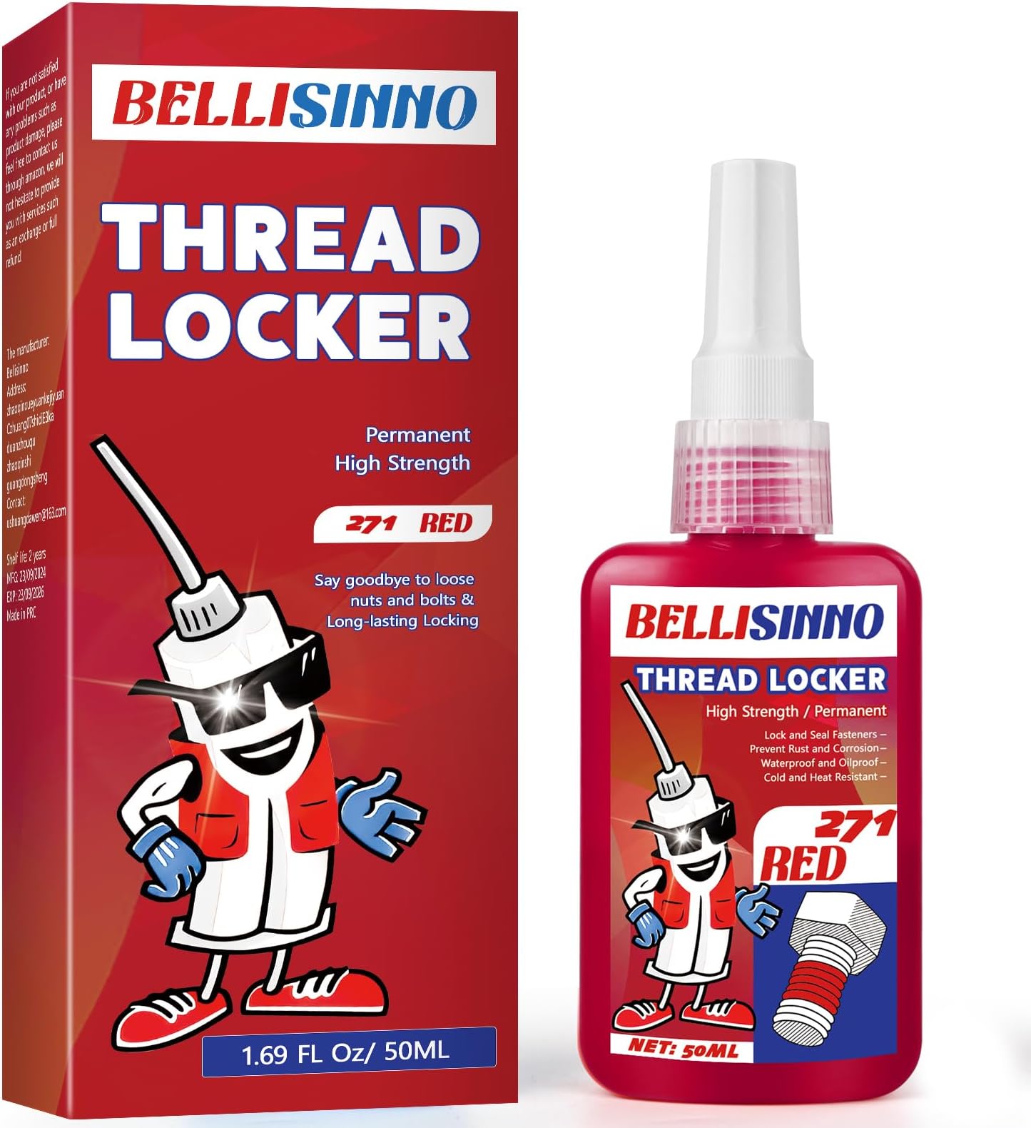 Thread Lock Red, Strong Strength Threadlocker, Thread Locker for Nuts, Bolts, Fasteners and Metals, Anaerobic Curing Screw Glue to Prevent Loosening (high-50ml)
