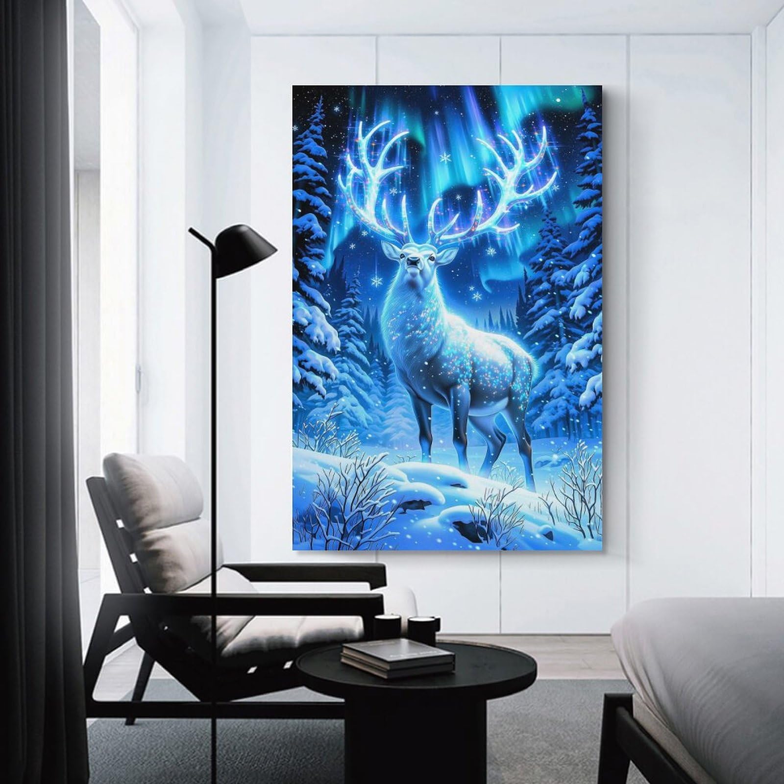 Junmoney Unframe-Style-3 Magical Reindeer Under Aurora Borealis Decorative Canvas Print, 20X30inch(50X75cm), For Home, Office, Studio Or Guest Room, Versatile Wall Decor For Many Rooms
