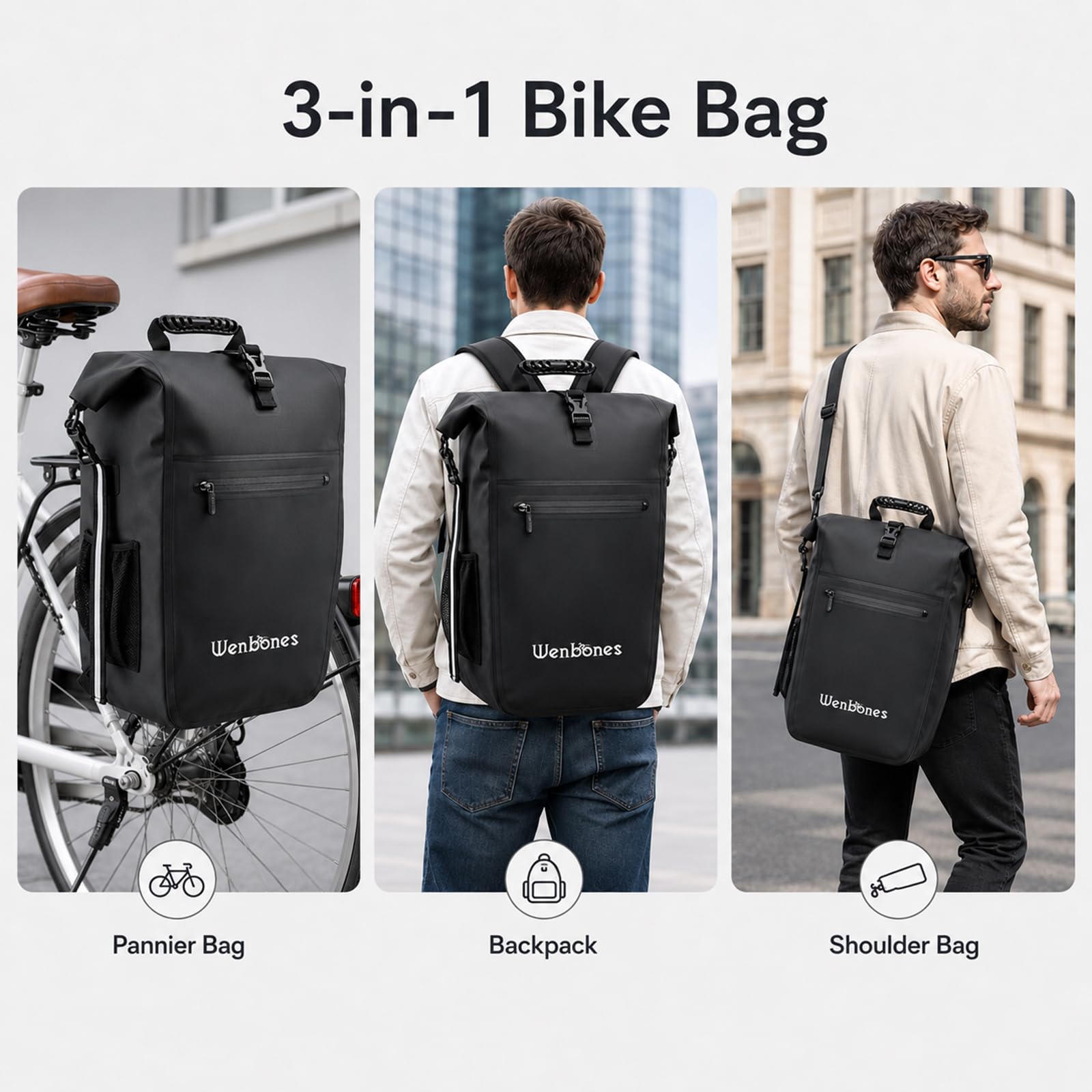 3in1 Fahrradtasche, 25L, wasserdicht, mit Laptopfach | Gepolsterte Träger, Schnellverschluss, Seitentaschen, Robuste Nähte, für Pendler, Radler, Studenten, Alltag, Beruf, Reisen
