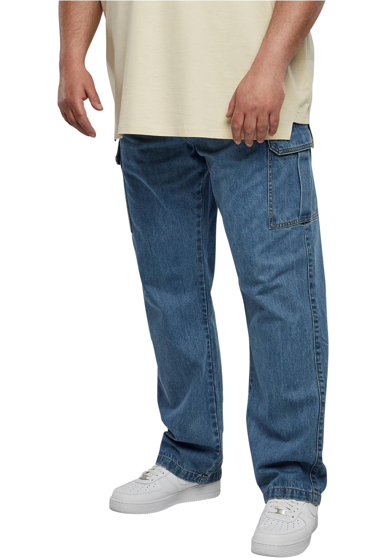 Urban Classics Men's Straight Leg Cargo Jeans Pants, Light Blue Washed,