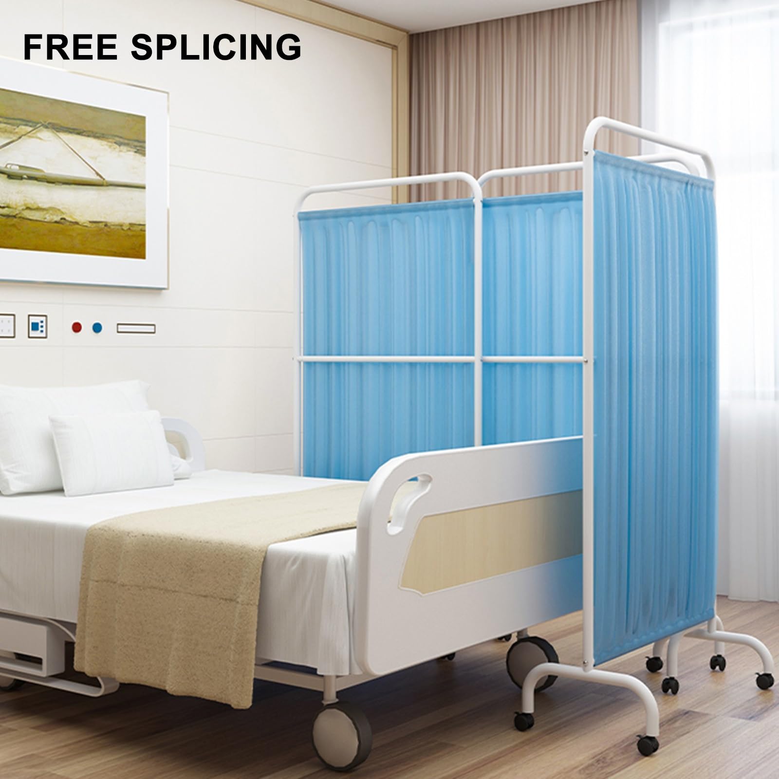 Divisori per Ambienti a 4 Pannelli, Paravento da Interno Portatile per Uso Medico, Separé per Interni con Ruote, Giunzioni Libere Adatte a Reparti e Cliniche Private(Blue)