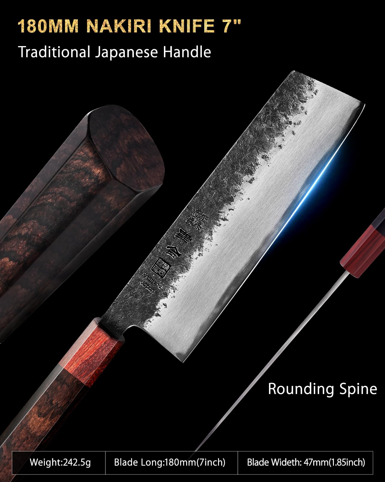 kanngou 21cm Coltello Giapponese Nakiri, Coltello Giapponese Professionale Forgiato a Mano con Acciaio Legato AUS-8, Coltelli da Cucina con Manico Ebony e Scatola Regalo Premium