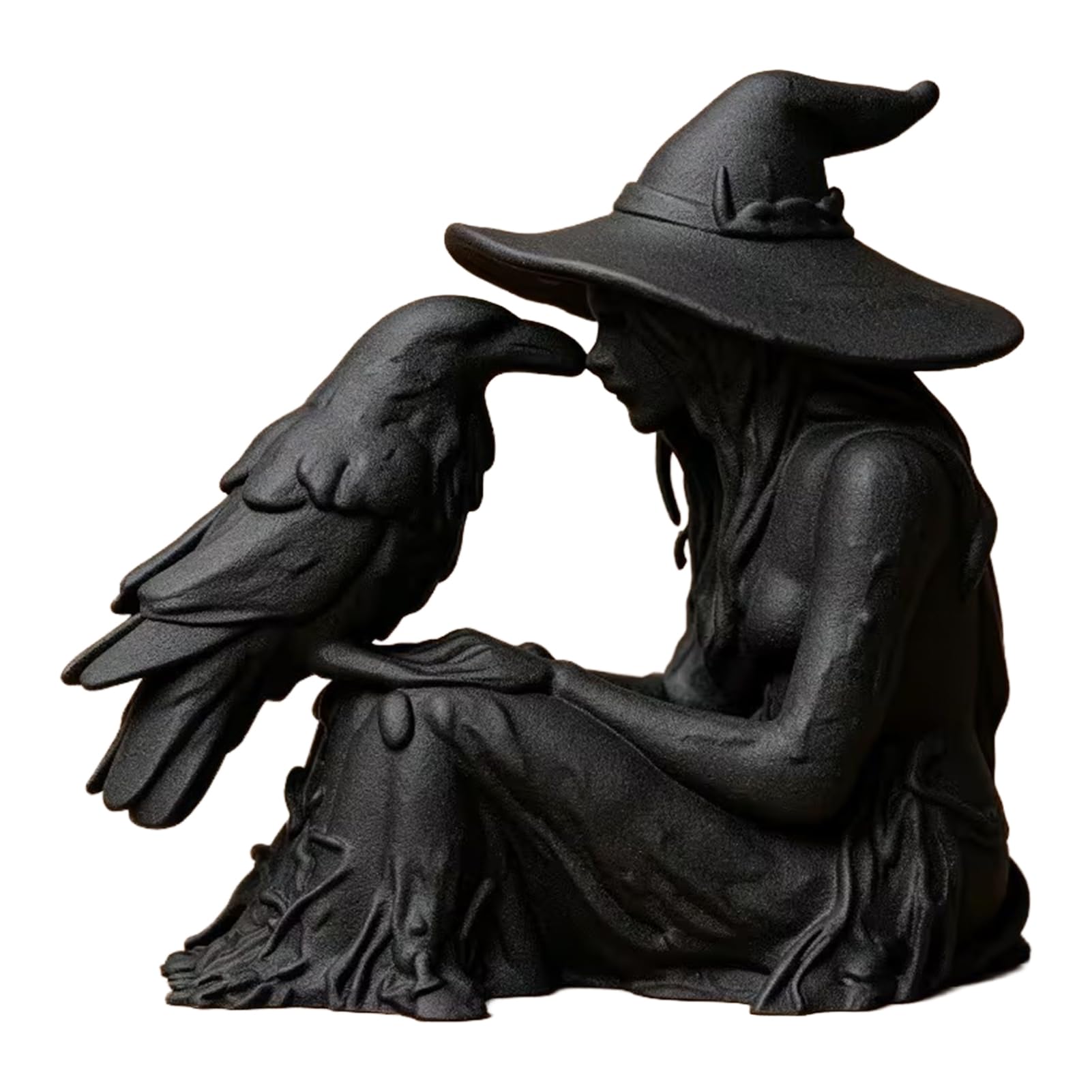 Pasisuu 3D Printed Witch Ornament – Resin Halloween Figurine with Crow, Matte Black Gothic Statue for Desk Shelf Display Black