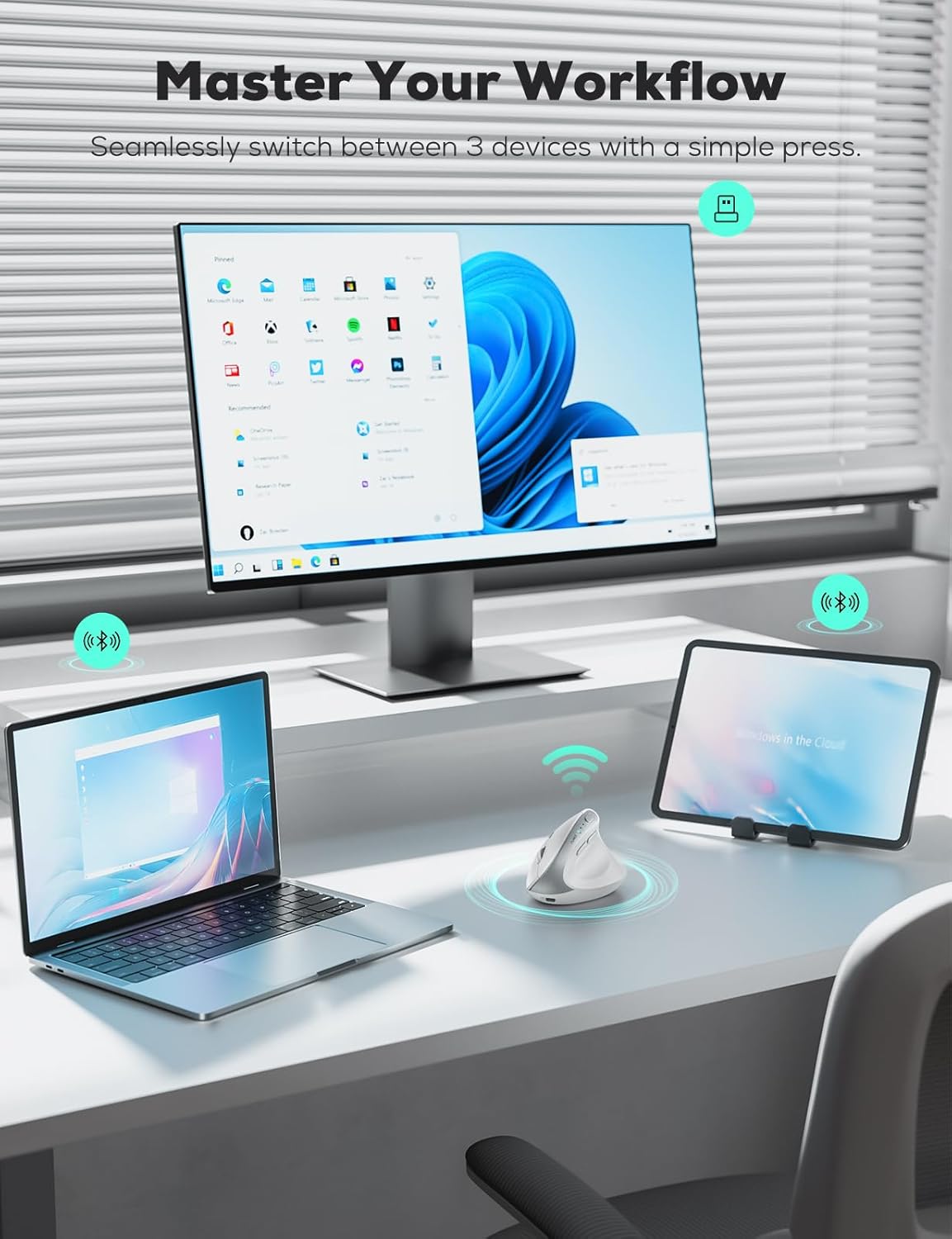 Nulea MD280 Ergonomic Vertical Wireless Mouse - Bluetooth & 2.4G Dual Mode, 4 Adjustable DPI 800/1200/1600/2400, Rechargeable, Silent Clicks, No Lag, 6 Buttons - Perfect for Laptop, Desktop White