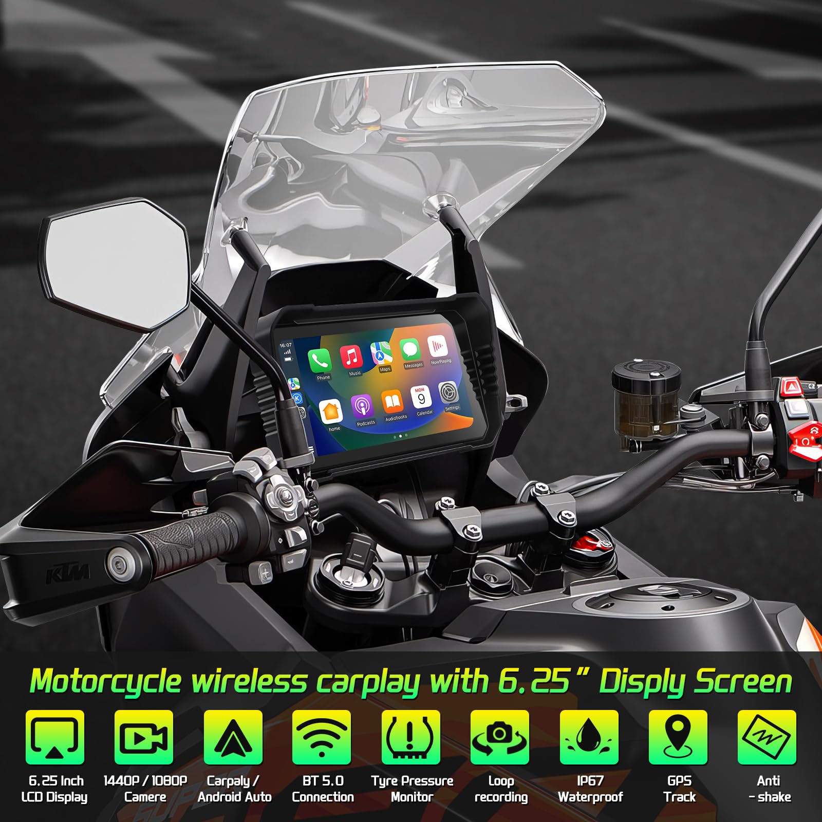 Actualización Carplay Dashcam Moto con 1080P Dash CAM, Navegación GPS para Motocicleta, 6.25 Pulgadas Impermeable, grabación en Bucle, Monitor de presión de Tiro, detección de Puntos Ciegos