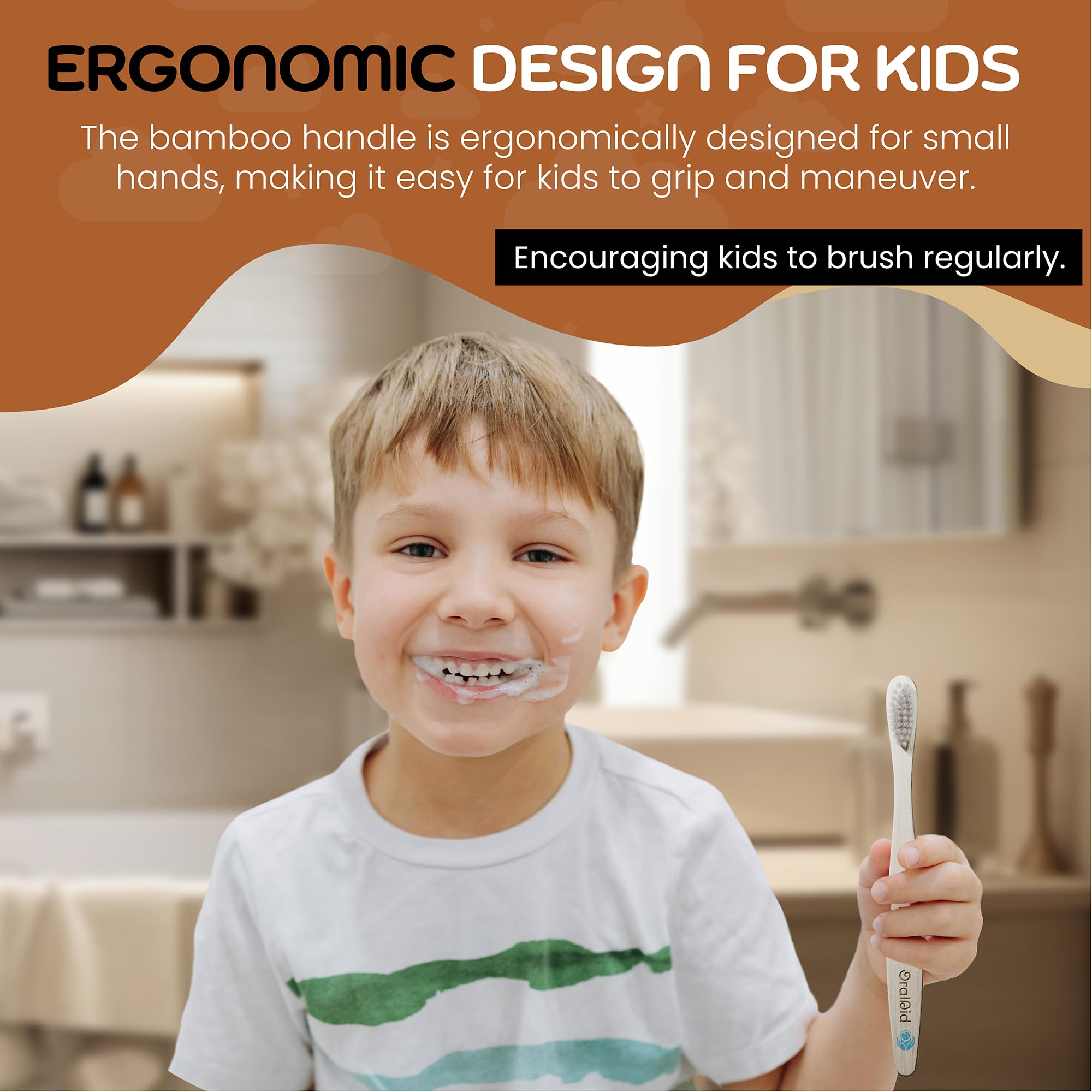 FOR MINI'S Oral Aid - Spazzolini da denti in bambù per bambini, manico in bambù, ecologici, setole morbide, confezione biodegradabile, confezione da 4