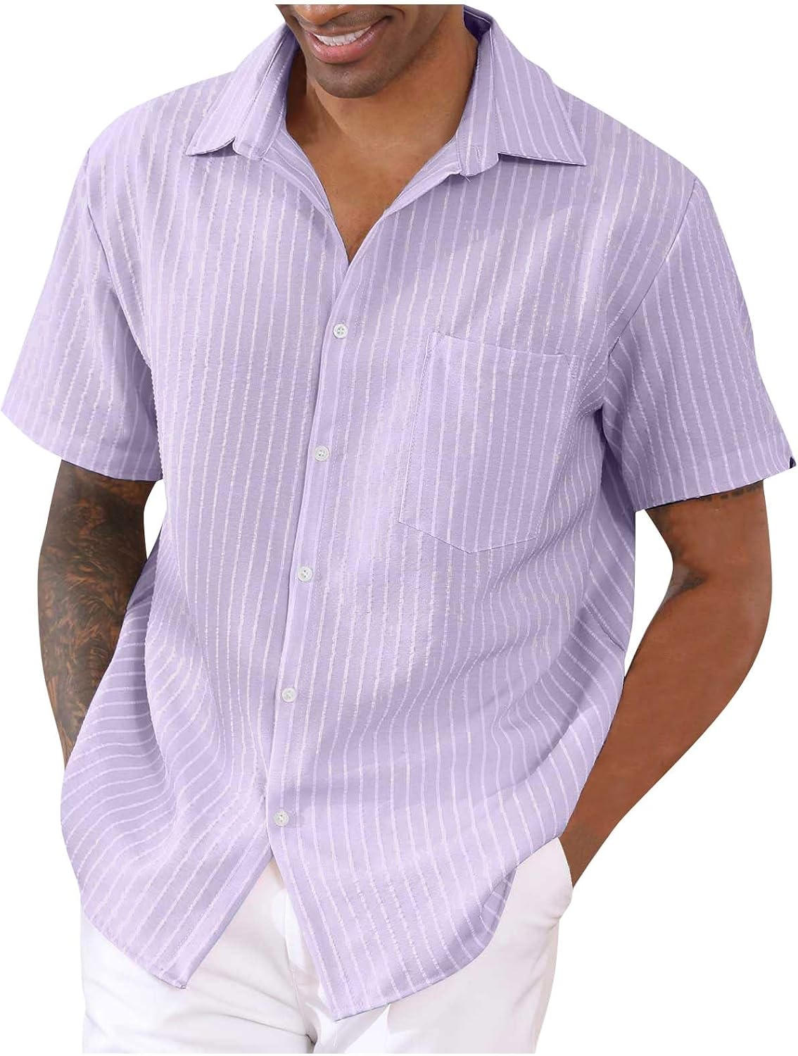 Ymosrh Men's Short Sleeve Button Down Shirts Summer Lapel Short Sleeved Shirt Stripe Casual Top Shirts for Men, S-2XL