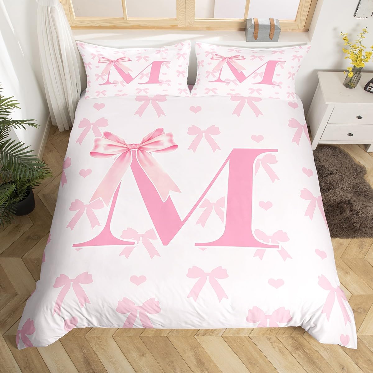 Manfei Initial Letter F Kids Duvet Cover Set Twin Size,Princess Style Pink Bowknot Girly Romantic Bedding Set,Girls Room Decor,Dreamy Bow Love Hearts Kawaii Pink Quilt Cover,No Comforter