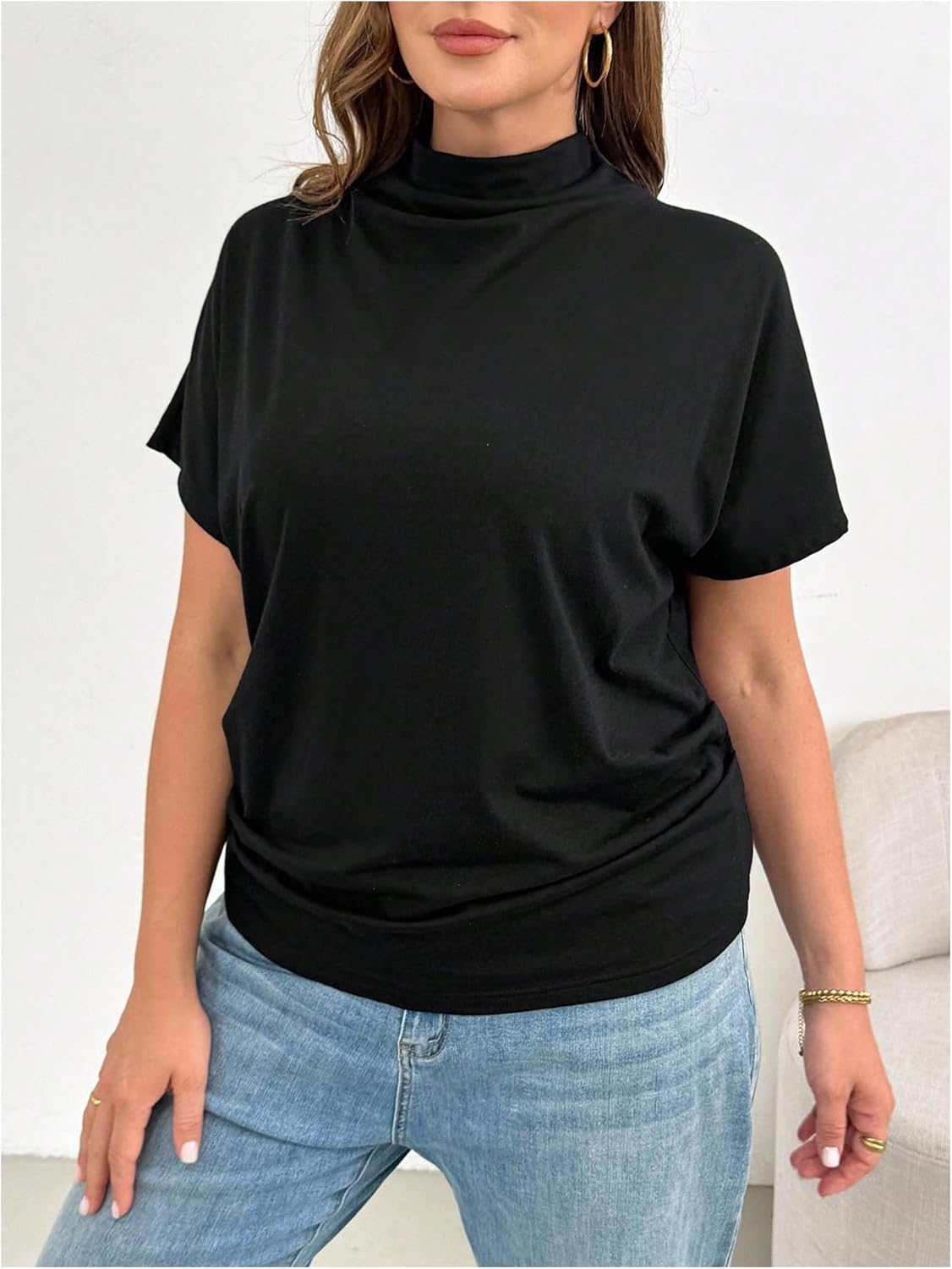 SHENHE Women's Plus Size Mock Neck Dolman Sleeve Top Bat Wing Casual Going Out Tshirt Shirt - Image 4