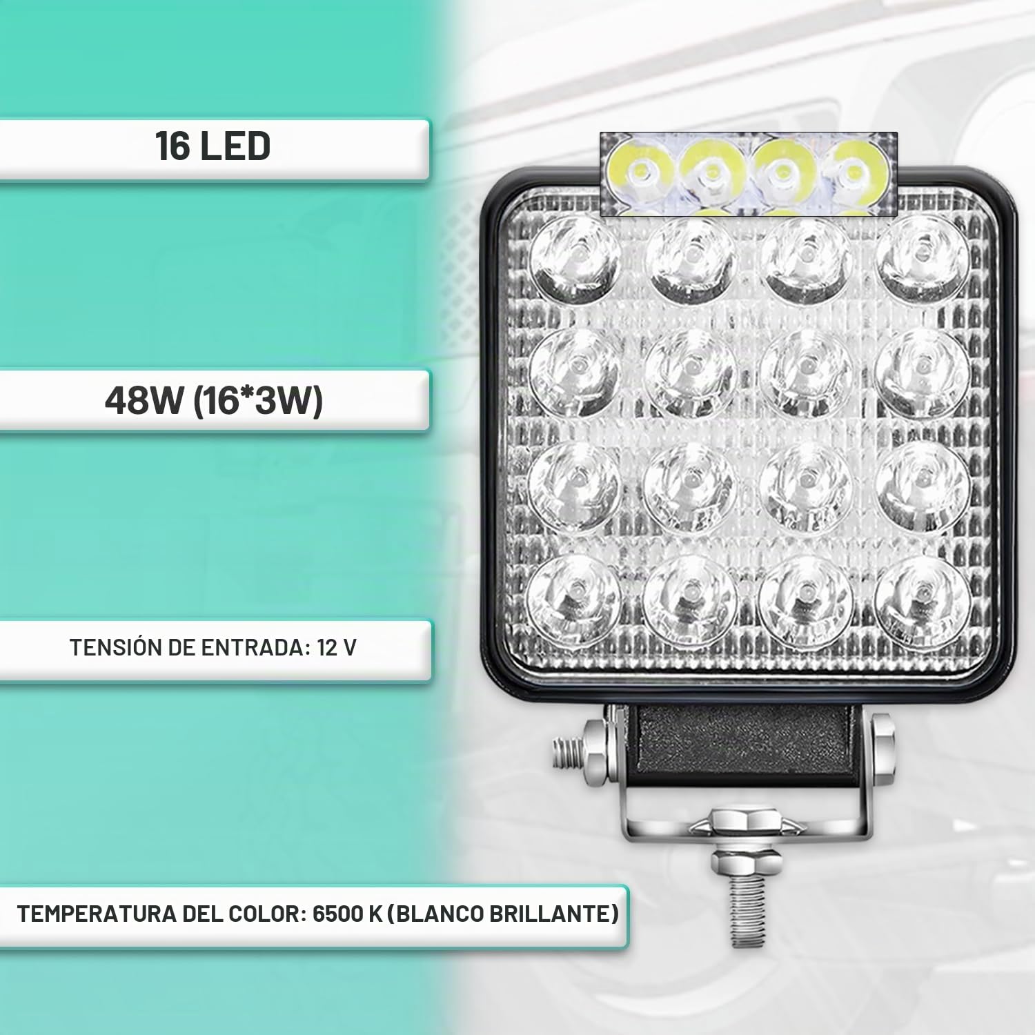 Foco LED 12V 48W 16 LED 6500K 2 uds Aluminio ABS 4x4 | 4.21" 10.5 cm, IP67, Largo alcance, Faros
