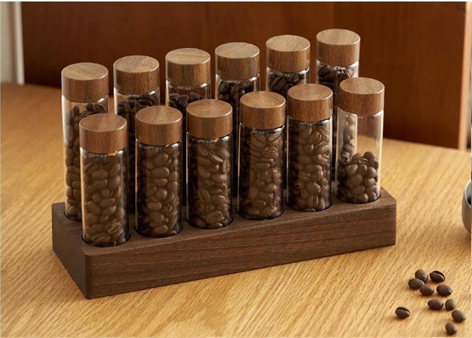 Glass Coffee Beans Storage Tube with Display Rack, Single Dose Tea Bottle Set, Practical Barista Coffeware Accessory(1pc 12 holes Base)