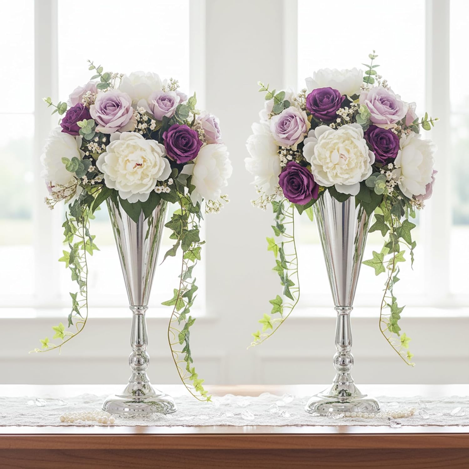 Metal Wedding Vases for Table Centerpieces: 2pcs of Silver Flower Trumpet Vases, Classic Flower Stands for Table Wedding Reception Party Christmas Event Home Decorations