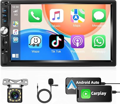 Double Din Car Stereo with Wireless CarPlay & Android Auto, Mirror Link, 7" HD Touchscreen, Bluetooth 5.0, FM Radio, Color Backlight, SWC, AUX, TF/USB, Backup Camera, MIC