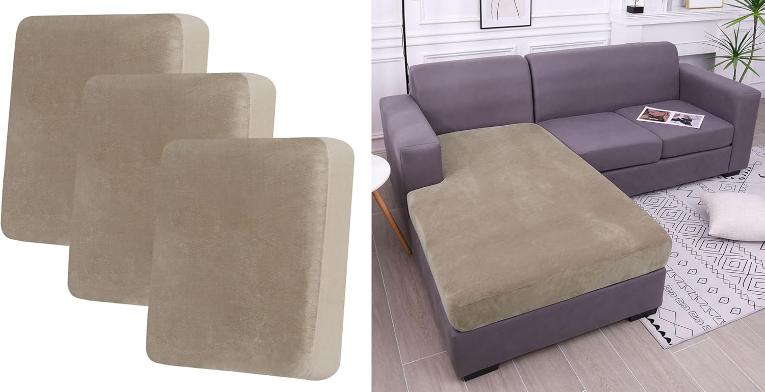 hyha Velvet Couch Cushion Covers 3PC and Chaise Cover in Taupe, 2 Item Bundle