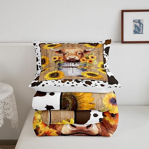 Miniatura 5 de Manfei Juego de edredón de ganado Highland tamaño Queen, edredón de plumón de girasol amarillo con 2 fundas de almohada, juego de ropa de cama con