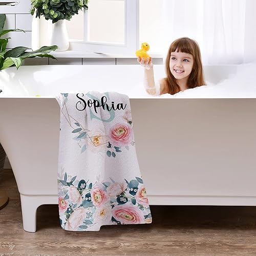 Miniatura 6 de Artsadd Toallas de playa personalizadas para niños pequeños, toallas de baño personalizadas de algodón con nombre de flor para bebés y niñas, toalla