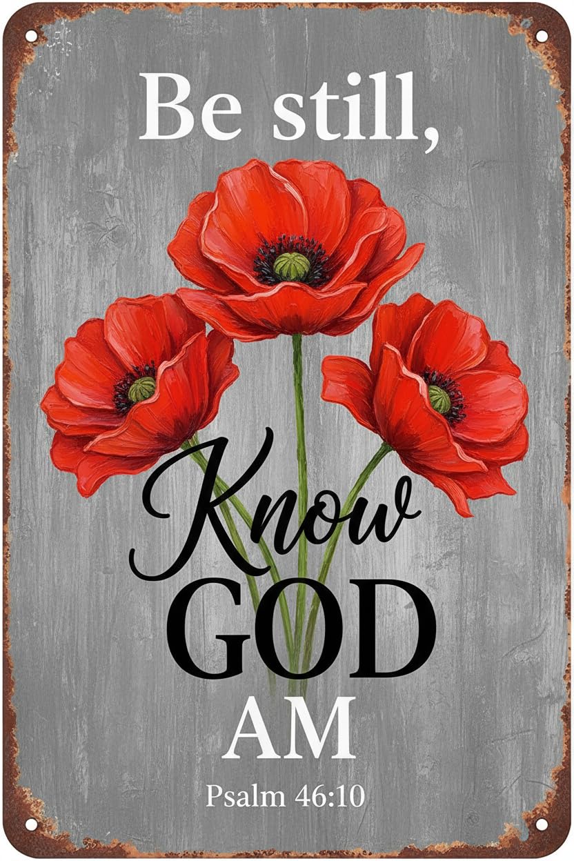 Vintage Art Tin Sign And Know That I am God Red Poppies Tin Sign Vintage Art Wall Decor Sign for Home Bar Pub Cafe Farm Room 8"x12"