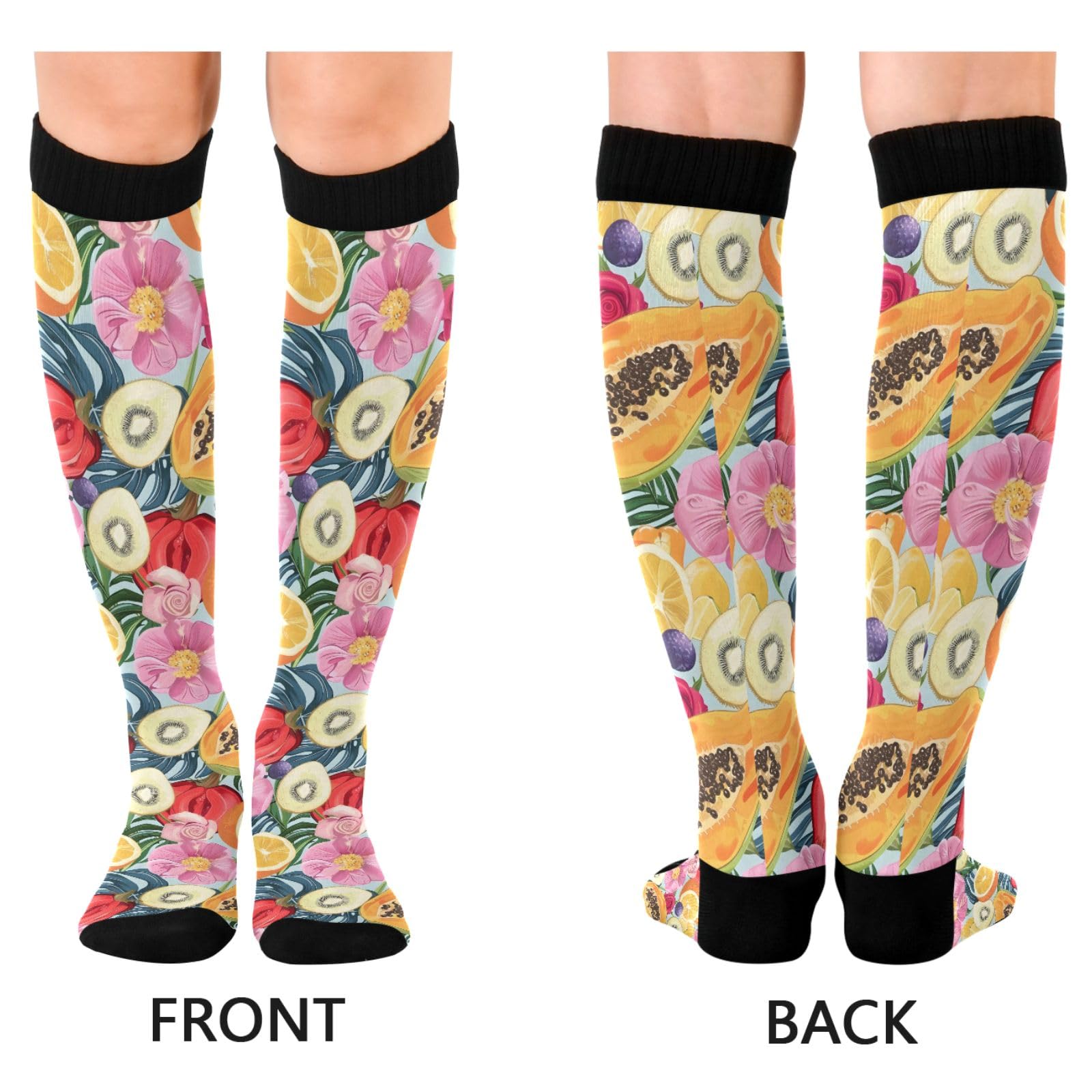 ALAZA Athletic Compression Socks Knee High Socks Stockings for Women Pawpaw Fruits Flower Running Circulation Sport Football