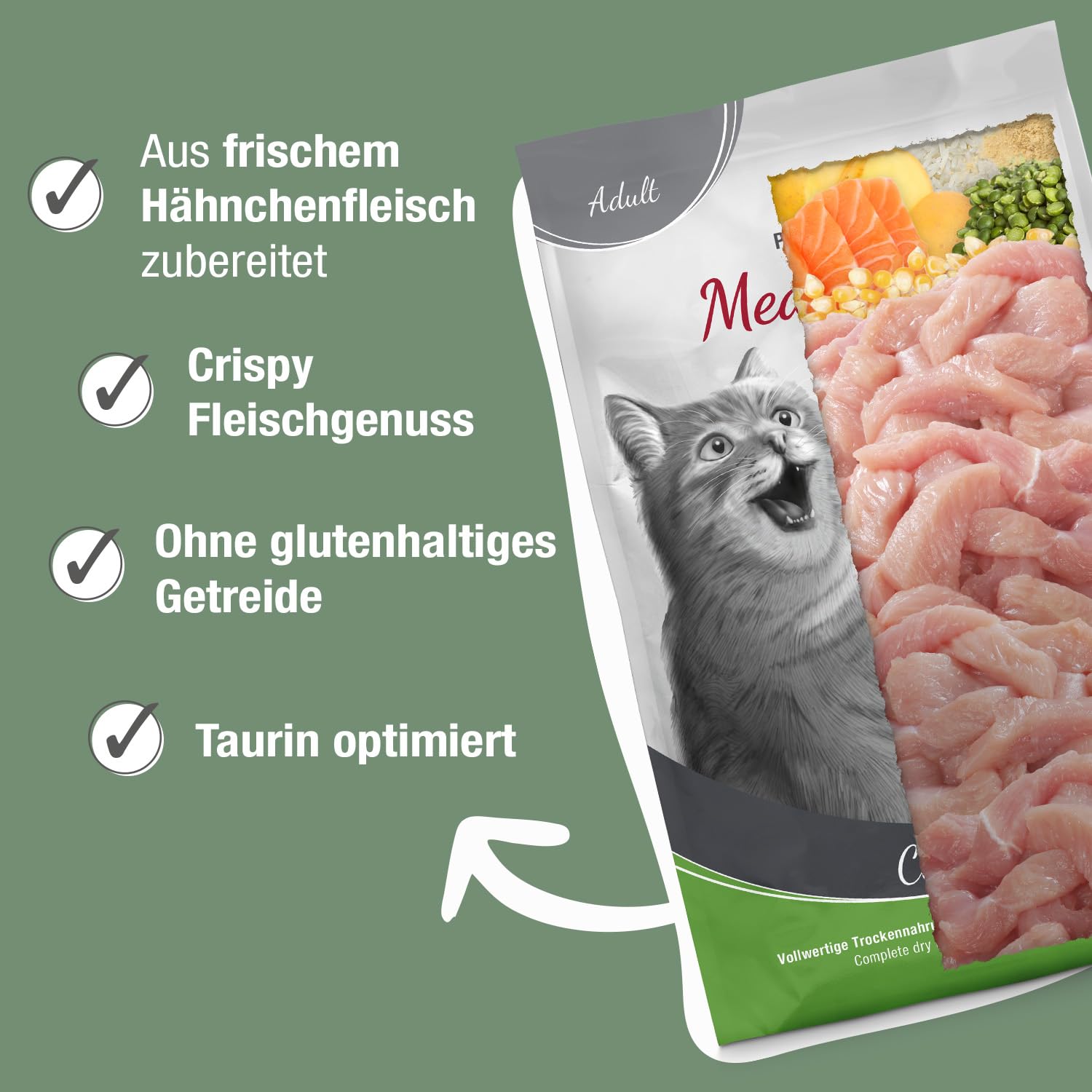 PLATINUM - Katzenfutter MeatCrisp Adult Chicken aus dem Frischfleischtrockner - 1,5kg Katzenfutter trocken mit 83% Frischfleisch - Trockenfutter für Katzen - Crispy Biss und leicht verdaulich