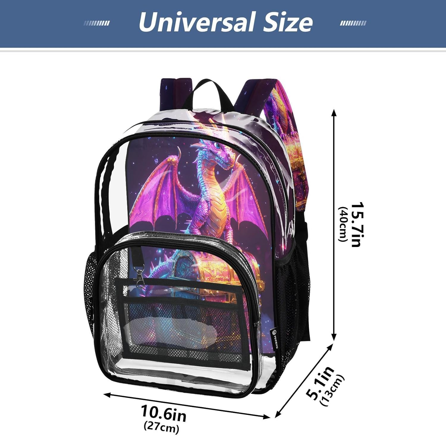 Dragon Funny Stylish Clear Backpack Heavy Duty See Through Transparent PVC BookBag for Kids Boy Girl Adult School Work