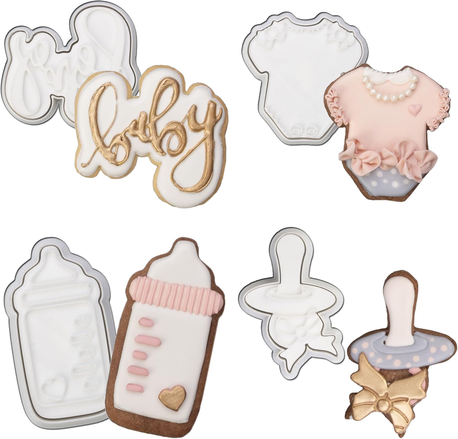 Baby Shower Cookie Cutter 4 Pack 3D Stampers Molds DIY Fondant Decorating for Kids' Birthday Party Kitchen Tools, Baby Letter, Baby Bottle, Onesie, Pacifier