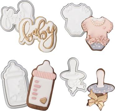 Baby Shower Cookie Cutter 4 Pack 3D Stampers Molds DIY Fondant Decorating for Kids' Birthday Party Kitchen Tools, Baby Letter, Baby Bottle, Onesie, Pacifier