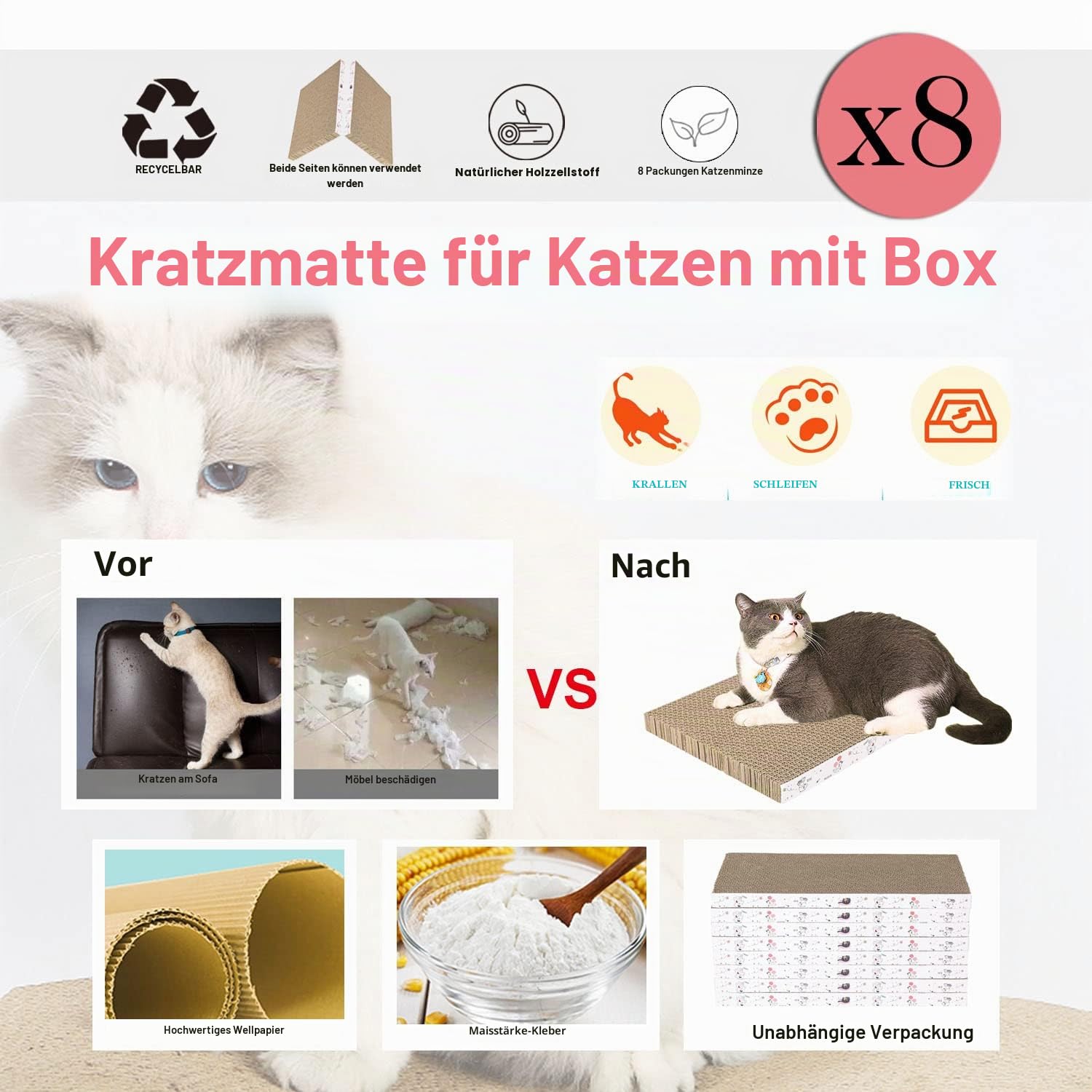 8 Packungen in 1 Katzenkratzkissen, Katzenkratzer aus Karton, wendbar, langlebig, recycelbar, Premium-Kratzer, geeignet für Katzen zum Ausruhen, Krallen Schleifen und Spielen