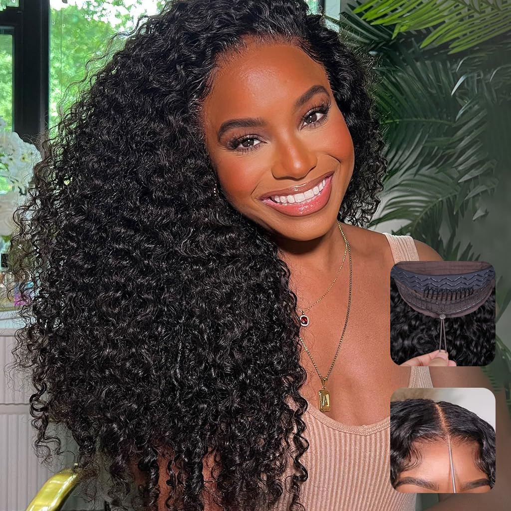 Kinky Straight Glueless Human Hair Wig 13x6 Transparent Lace Front Wear and Go Drawstring Wig Pre Plucked Pre Cut Natural Black 180 Density 24 Inch