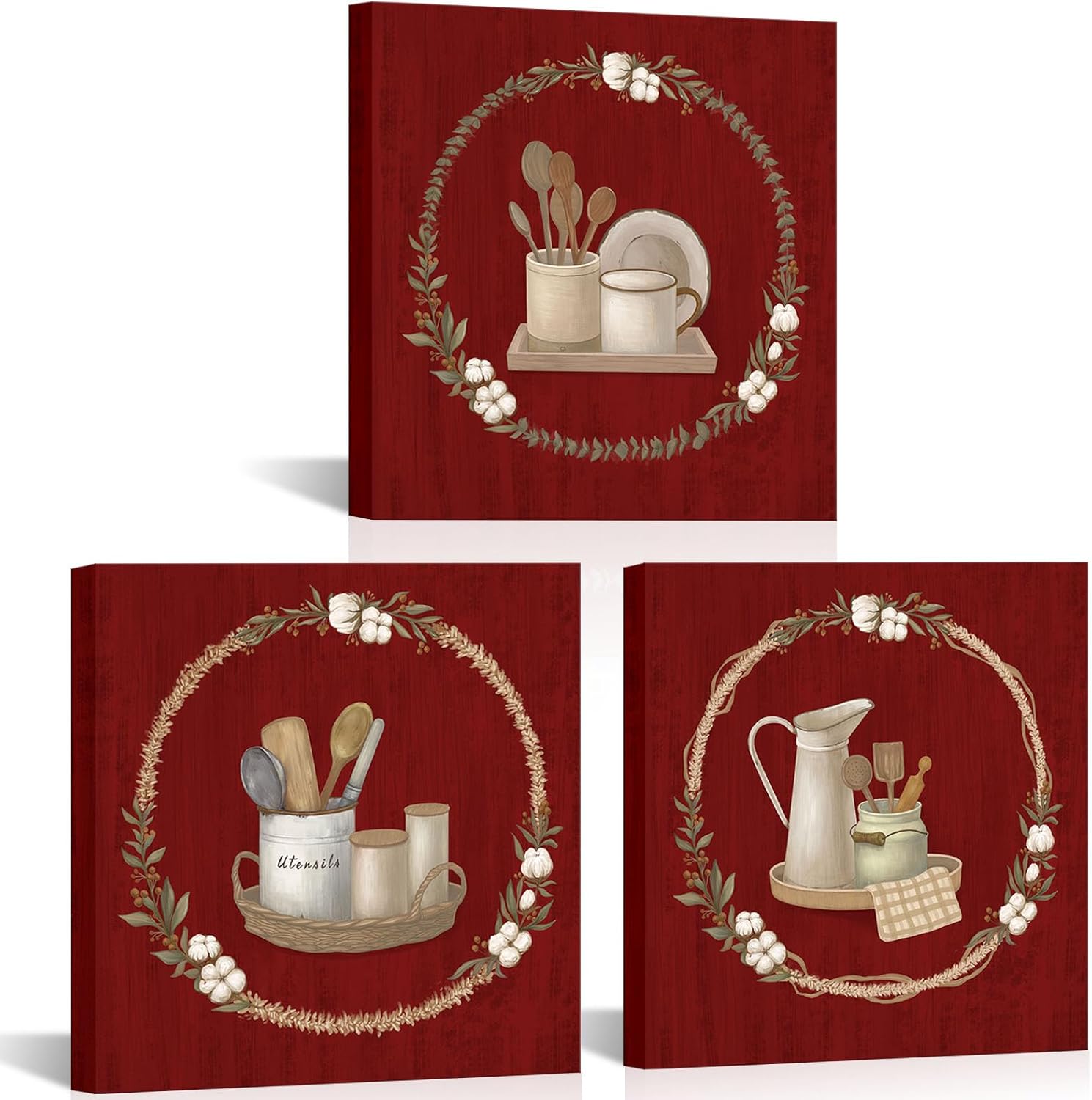 OuElegent Kitchen Canvas Wall Art Beige Cooking Utensils Painting Vintage Tan Kitchen Decor Art Prints for Home Decor Framed 12"x12"x3pcs (Beige)