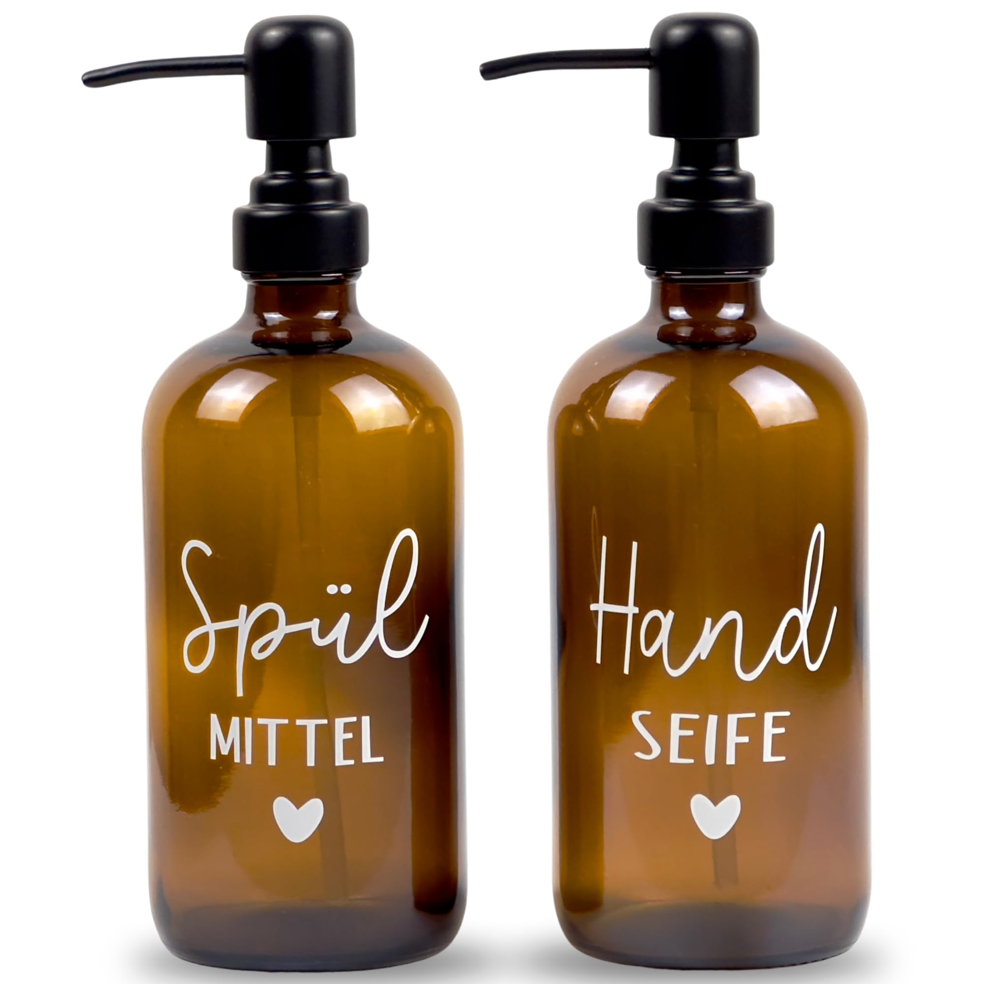 Glas Seifenspender 500ml - Spülmittelspender für Küche, Seifenspender für Badezimmer, Schwarzer Pumpspender (Spülmittel + Handseife mit Metallspender)