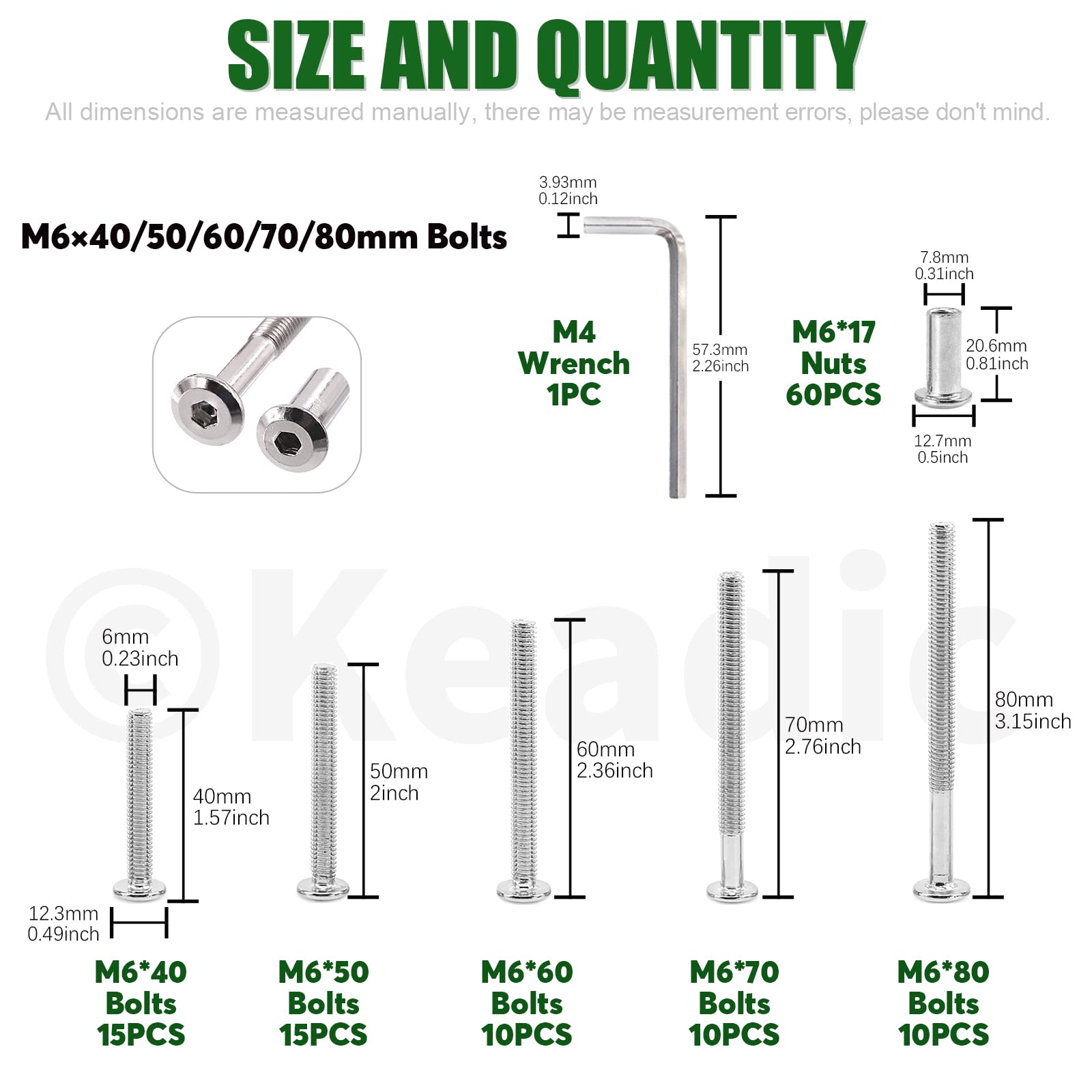 Keadic 121 Pcs M6 x 40/50/60/70/80mm Socket Cap Bolts Barrel Nuts Kit with Hex Key - Image 2