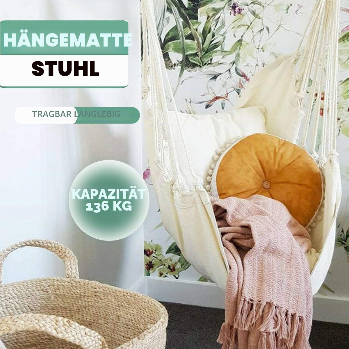 Hängematte, Stuhl, Hängeseil, Schaukelsitz für drinnen und draußen, stabiles Baumwollgewebe, Hängemattenschaukel, max. 136 kg, Hängesessel für Schlafzimmer, Terrasse, Veranda (Holzstange und Kissen