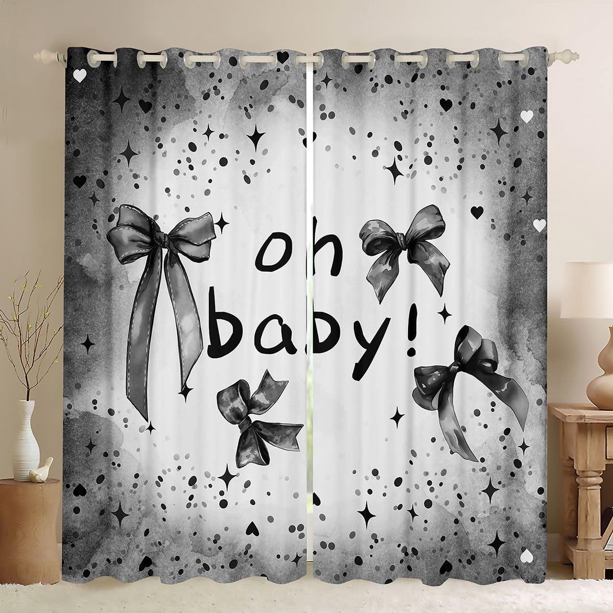 Homewish Zasłony okienne dla niemowląt, 168 x 229 cm, 2 panele – szara wstążka z węzłem kokardkowym, zasłony zaciemniające, romantyczny wzór serca, zasłony okienne, dekoracja urodzinowa, marzycielska