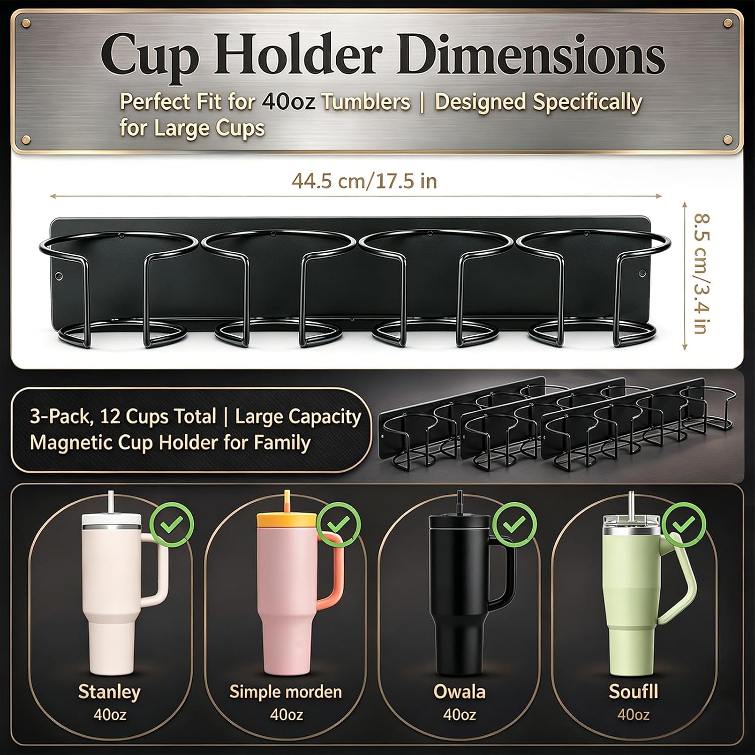 Novabright 3 Sets Magnetic Cup Holder for Refrigerator, 12 Cups Water Bottle Organizer for 40 oz Tumbler, Magnetic Space-saving Kitchen Storage Rack for Fridge, Tumblers Not Included