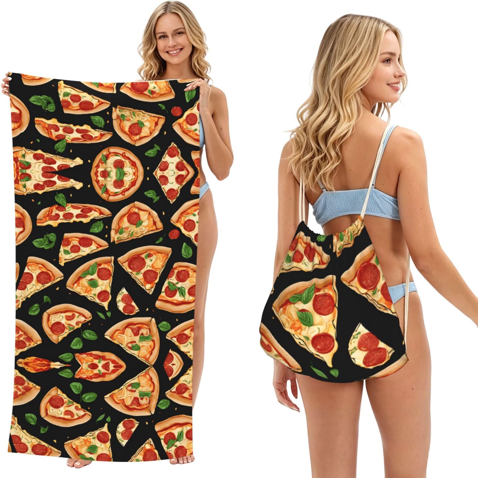 ESNAIUVCD Pizza 3d Print Beach Towel For Adults,Towel With Drawstring Bag, Travel Pool Swimming Sports Shower Sand Free Quick Dry Bath Towel For Pool, Beach, Yoga- 180x60cm