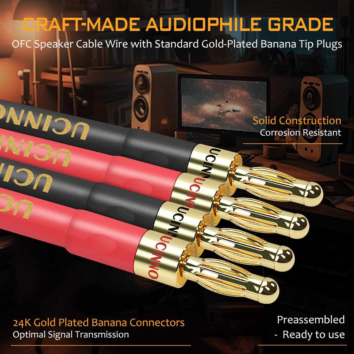 UCINNOVATE Speaker Cable with Banana Plugs, 2 Pack 9.8ft/3m 14 Gauge Speaker Wire with Gold-Plated Banana Plugs, Home Theater OFC Speaker Wire Cable for Hi-Fi & Home Audio, Amp, Vintage Speakers