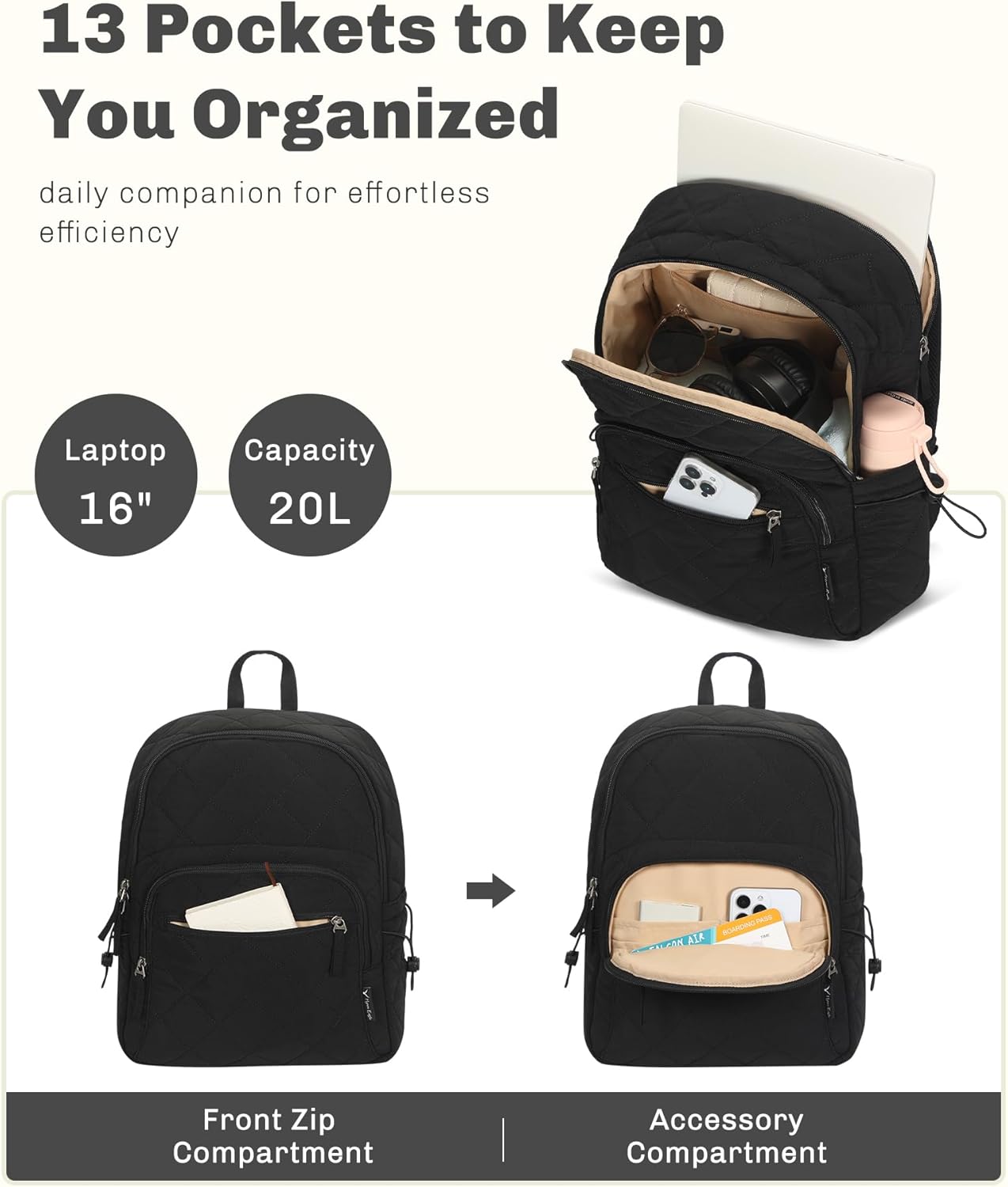 Hynes Eagle Travel Laptop Backpack Quilted College Backpack for Women Puffer Casual Daypack Personal Item Bag for 16 Inch Classic Black