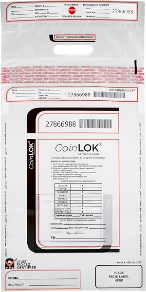 ControlTek CoinLok 12 x 24.5, Clear, 50 Bags, Tamper Resistant Coin Bag, Cash Register Money Bag for Bank Deposit, Secur