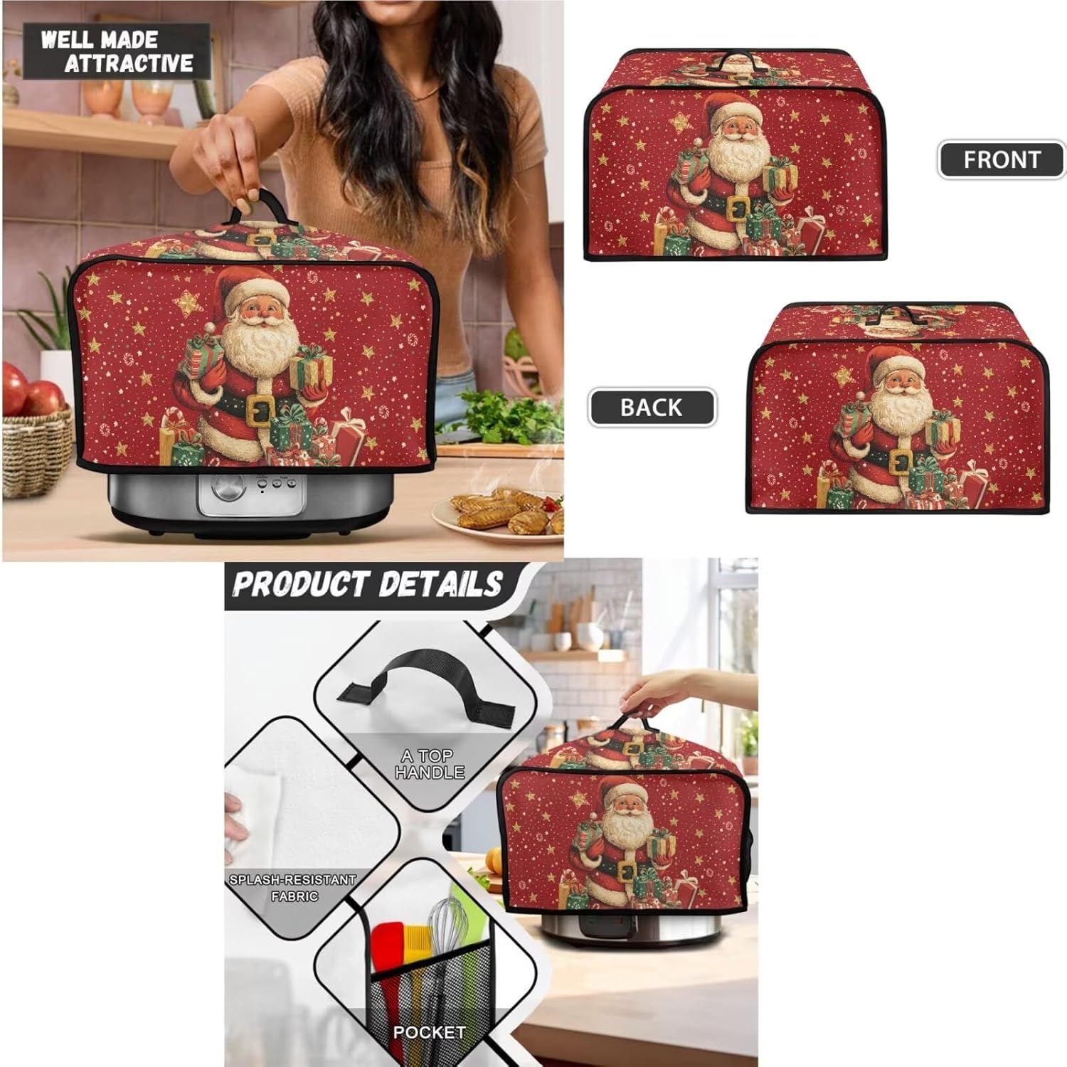 Black Marble Kitchen Appliance Set, Universal Size Blender, Slow Cooker & Toaster (4 Slice) Covers, Waffles Maker Oven Dust Cover for Women, Christmas Festival Decorations